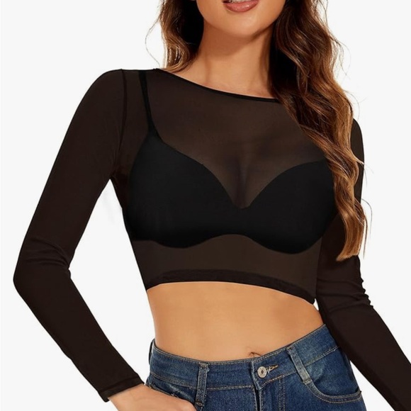 NWOT sheer mesh black cropped long sleeve w/ red and white stripe sleeve - Picture 2 of 5